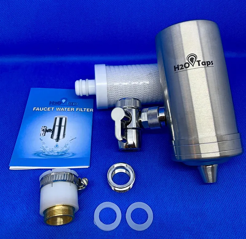 A small water filter fitted to a kitchen tap